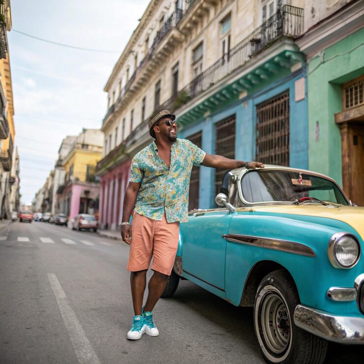 Foto homem de camisa havaiana de pé junto a um carro clássico em cuba