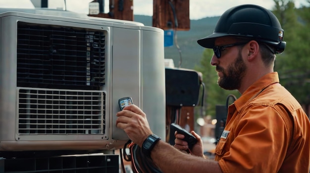 Homem de camisa laranja a verificar o ar condicionado