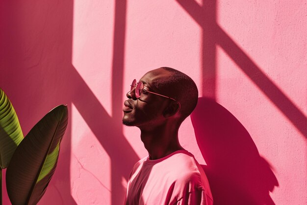 Foto homem de camisa rosa a tomar sol contra a parede rosa ai geradora