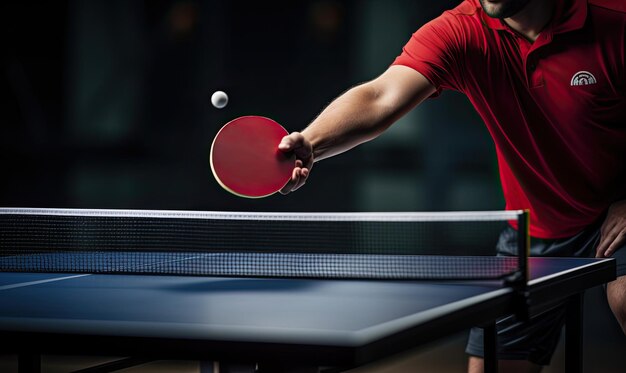 Foto homem de camisa vermelha a jogar pingue-pongue