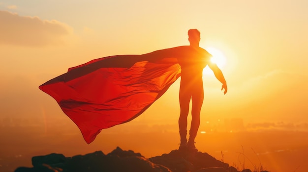 Homem de capa vermelha de pé na montanha ao pôr-do-sol admirando a paisagem natural