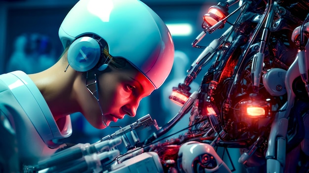 Homem de capacete está olhando para máquina com fones de ouvido em IA generativa