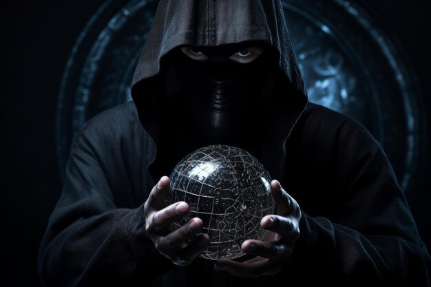 Foto homem de capuz preto com bola de cristal invoca o mal