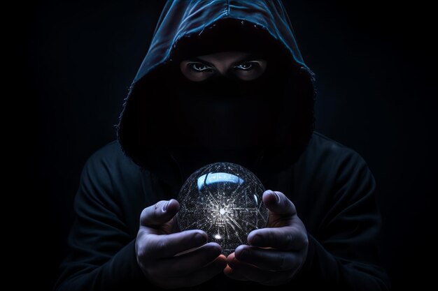 Foto homem de capuz preto com bola de cristal invoca o mal