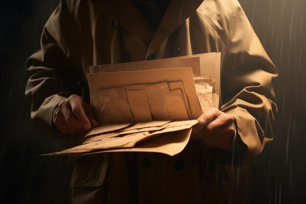 Foto homem de casaco de trincheira entregando um dossiê secreto