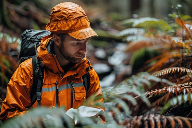 Foto homem de casaco laranja com mochila na floresta