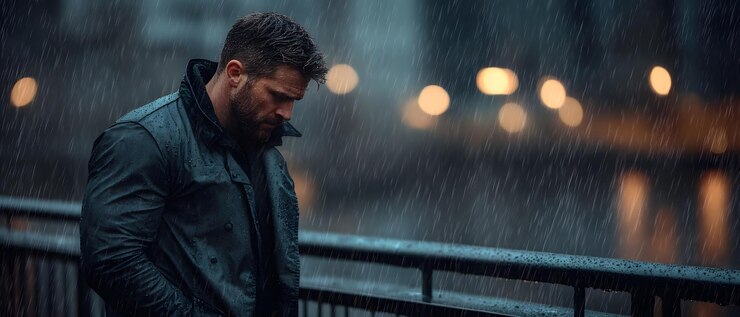 Foto homem de casaco preto caminha na chuva