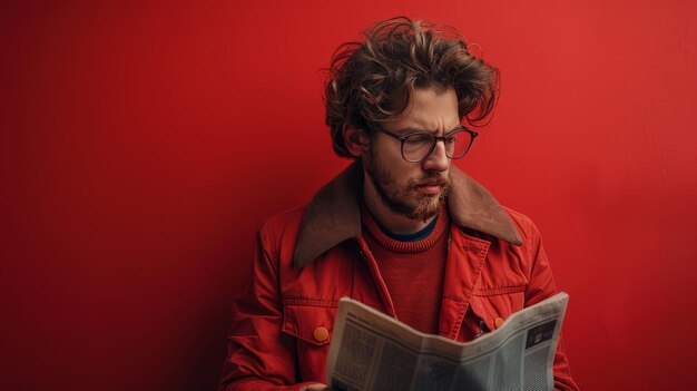 Homem de casaco vermelho a ler jornal