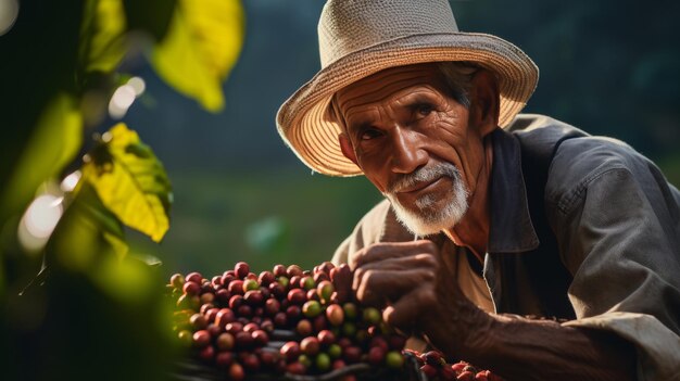 Foto homem de chapéu a colher bagas de um barril