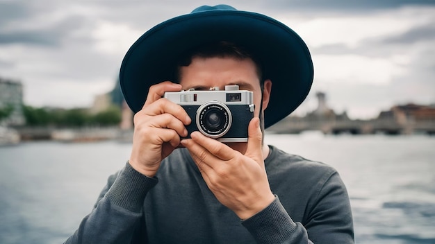 Foto homem de chapéu de borda larga tira foto com câmera retro