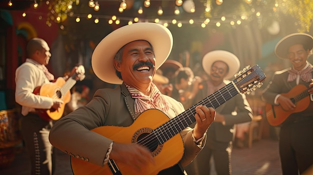 Foto homem de chapéu de cowboy tocando guitarra ao ar livre para uma pequena audiência chico de mayo