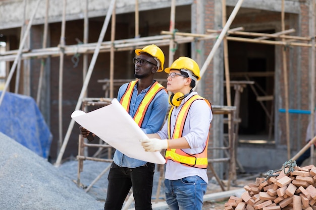 Foto homem de chapéu de pé no local de construção