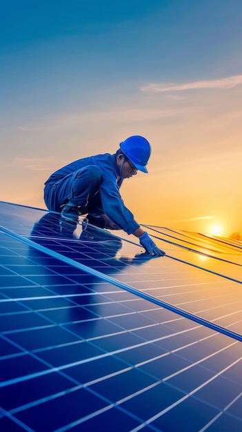 Homem de chapéu duro trabalhando em painel solar