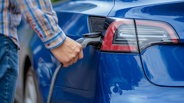 Foto homem de close-up recarregando a bateria de carro elétrico com cabo de carregador tecnologia de recarga