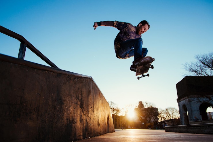 Foto homem de comprimento completo no ar enquanto executa uma acrobacia com um skate