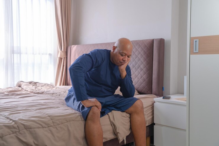 Foto homem de comprimento inteiro sentado na cama em casa
