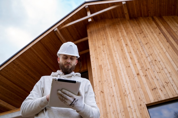 Foto homem de construção de tiro médio segurando o tablet