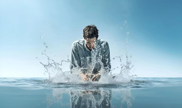 Foto homem de corpo inteiro brincando com água espaço de cópia