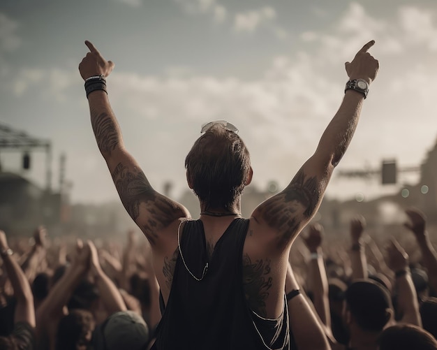 Foto homem de costas com os braços levantados curtindo um show