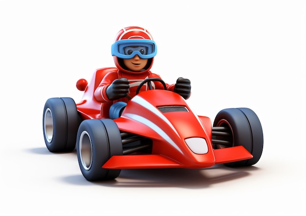 Homem de desenho animado 3D dirigindo um carro de corrida isolado em branco