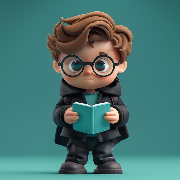 Homem de desenho animado 3D e livro de leitura