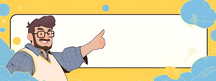 Foto homem de desenho animado apontando para um quadro em branco com um monte de balões