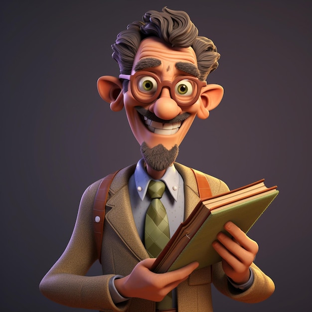 Homem de desenho animado com óculos e um livro nas mãos