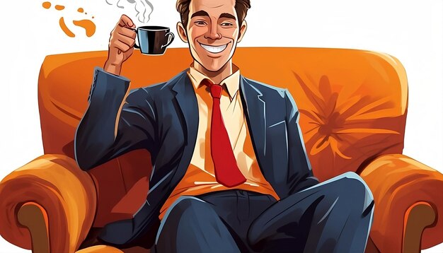 Foto homem de desenho animado em 2d sentado no sofá bebendo café, chá, modo feliz, homem rico, miniatura 4