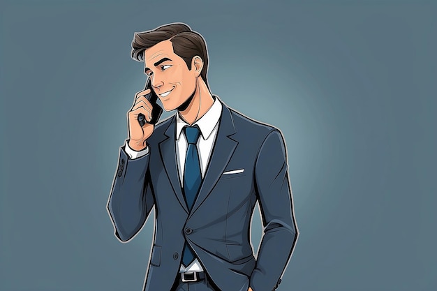 Homem de desenho animado em terno de negócios com telefone móvel