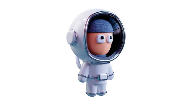 Foto homem de desenho animado em um terno espacial branco astronauta vista lateral isolado em fundo branco renderização 3d