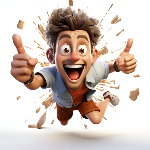Homem de desenho animado mostrando o polegar para cima com uma expressão feliz Ilustração 3D