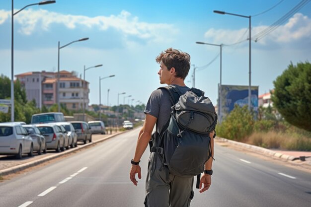 Homem de desporto ou turista a andar na rua numa cidade de verão moderna