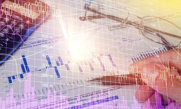 Homem de dupla exposição em dados financeiros de ações. Informações financeiras do mercado de ações sobre LED.