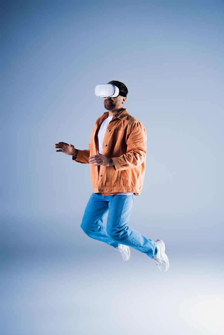 Foto homem de elevação etérea salta em fone de ouvido vr