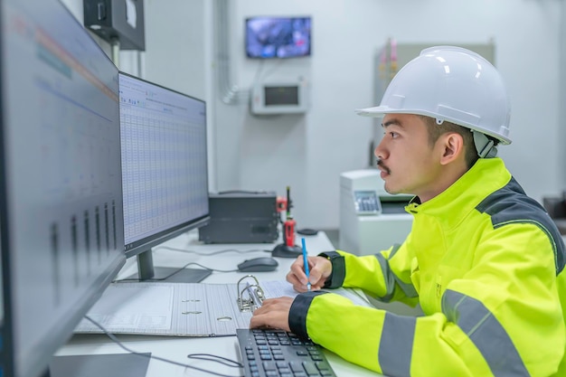 Homem de engenheiro elétrico verificando a tensão no Gabinete de Distribuição de Energia na sala de controle manutenção preventiva AnualmenteTailândia Eletricista trabalhando na empresa