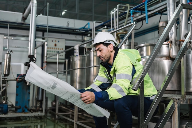 Homem de engenheiro técnico caucasiano de uniforme sentado e segurando a planta do projeto industrial com caldeira e tubulação na planta de processamento de bebidas