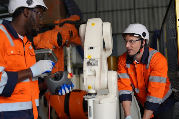 Homem de engenheiro trabalhando em robô industrial em robótica industrial de fábrica e operação de fabricação digital