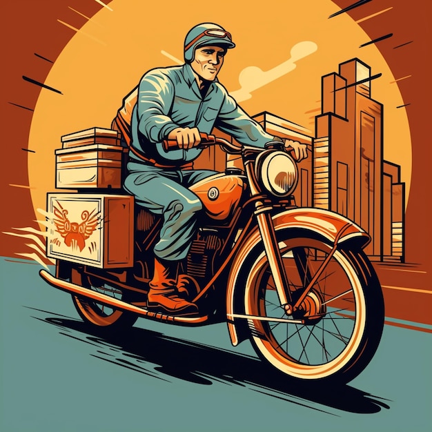 Homem de entrega a conduzir uma motocicleta estilo cartoom
