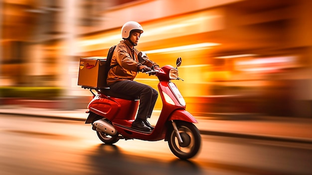 Foto homem de entrega a conduzir uma scooter rápida em movimento na rua desfocada em fundo com luz solar quente refletindo a ia gerativa