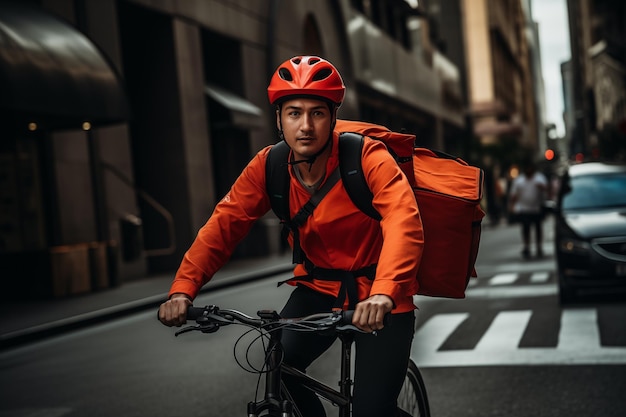 Homem de entrega andando de bicicleta vestindo uniforme com mochila AI gerativa