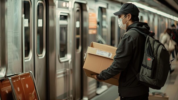 Homem de entrega com máscara de rosto segurando uma caixa de encomendas no metrô conceito de compras on-line