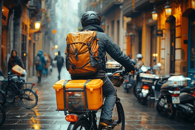 Homem de entrega de comida em bicicleta trabalhando em um dia chuvoso