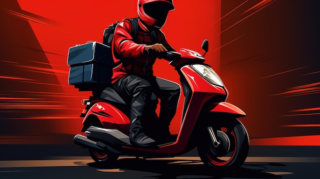 Homem de entrega de correio em uniforme com caixas em um ciclomotor isolado em fundo vermelho e preto