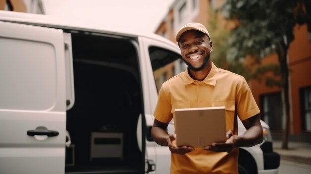 Homem de entrega de pé em frente à sua carrinha