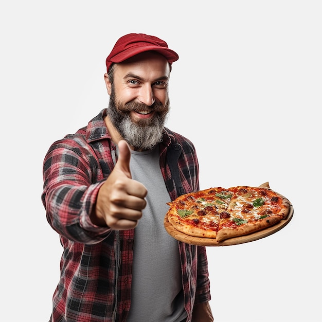 Homem de entrega de pizza apontando para a frente