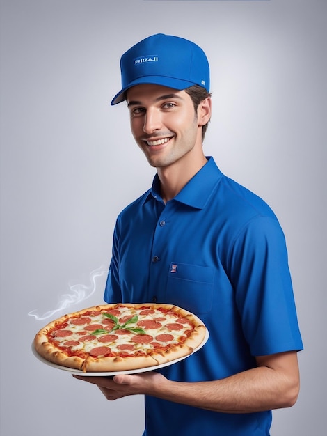 Homem de entrega de pizza sorridente entregando uma grande pizza pepperoni em fundo branco de estúdio