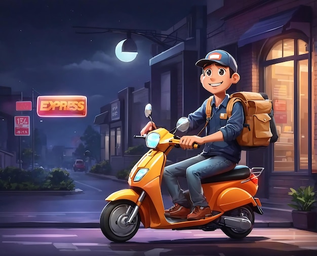 Homem de entrega dos desenhos animados na scooter transporte rápido entrega em domicílio pedido online Generative Ai