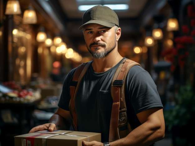 Homem de entrega em forma com boné e colete carregando um pacote na frente de um mercado AI geradora