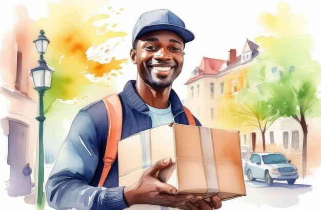 Homem de entrega preto sorrindo segurando pacote e caminhando na rua da cidade ilustração de aquarela
