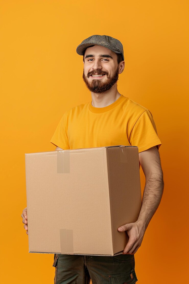 Homem de entrega segurando uma grande caixa de papelão e sorrindo em um fundo amarelo